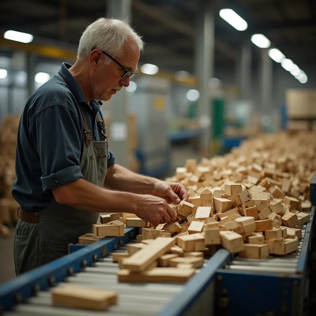 Älterer Arbeiter sortiert Holzstücke auf Förderband in Fabrik.