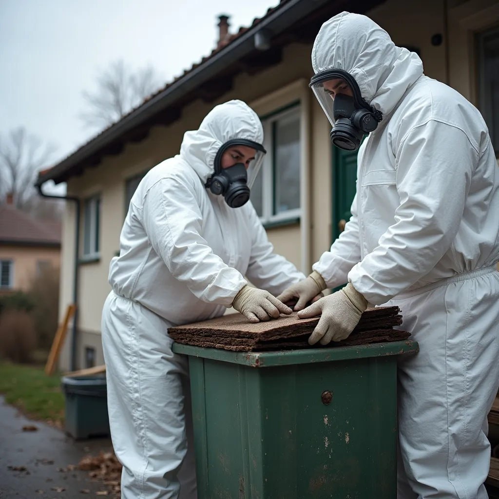 Zwei Arbeiter in Schutzanzügen entsorgen gefährliche Materialien außen.