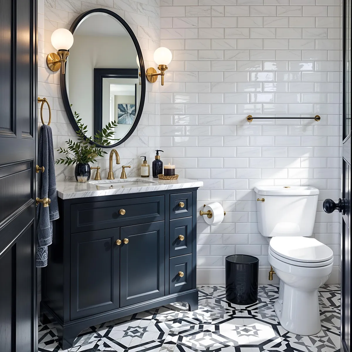 Elegantes schwarz-weißes Badezimmer mit goldenen Akzenten.