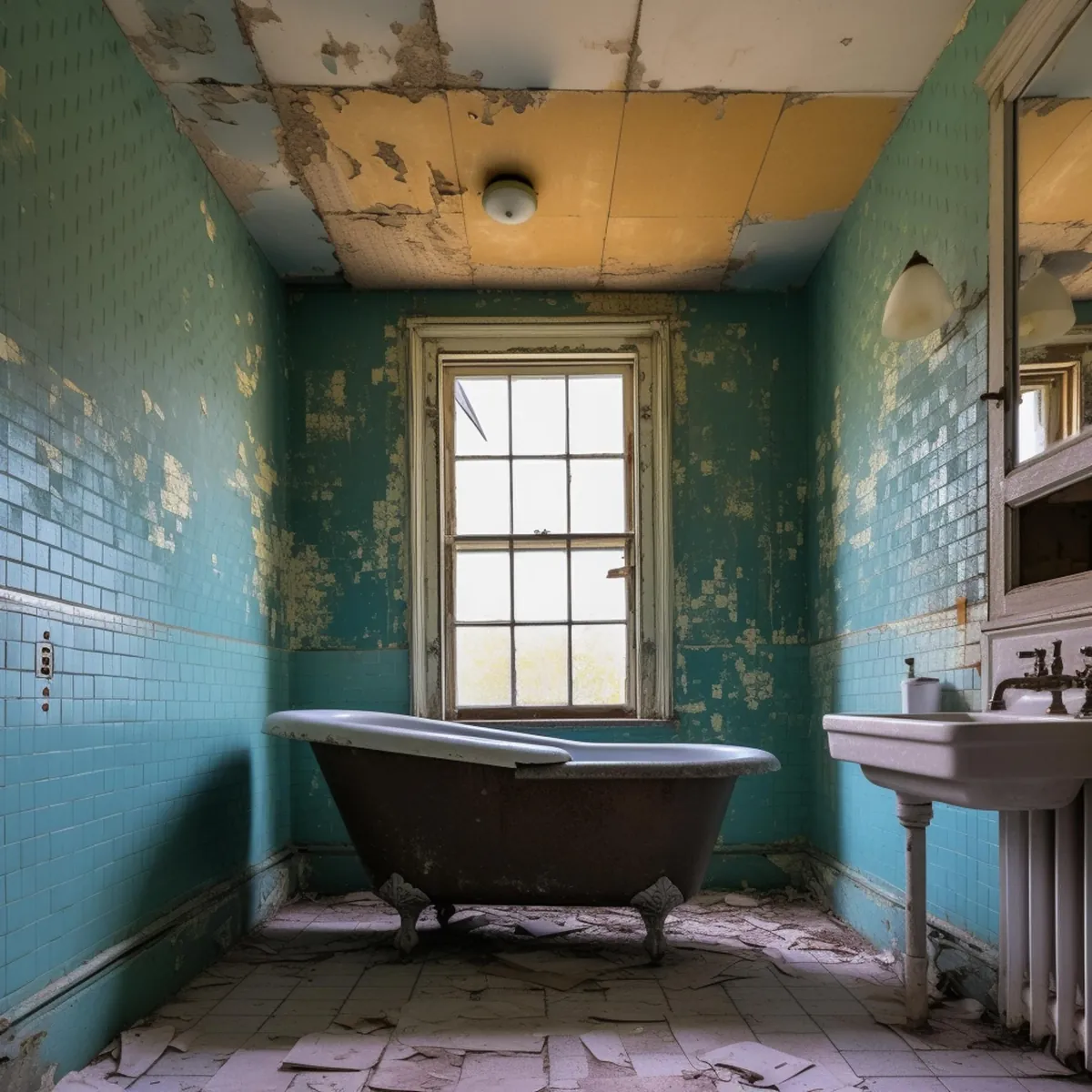 Verlassenes Badezimmer mit rostiger Badewanne und abblätternden Wänden.