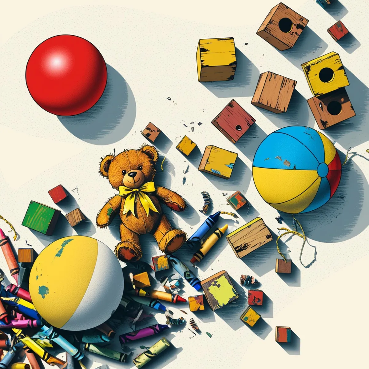 Kinderspielzeug wie Bälle, Holzklötze, Teddybär und Buntstifte.