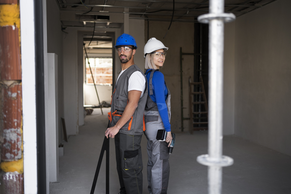 Zwei Bauarbeiter in Schutzausrüstung auf einer Baustelle.