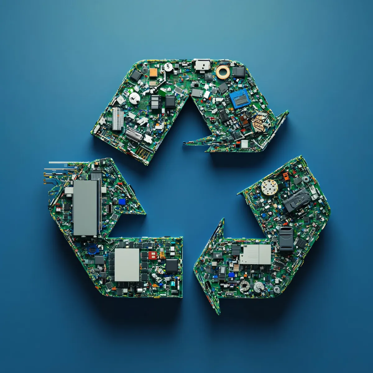 Recycling-Symbol aus elektronischen Bauteilen und Leiterplatten zusammengesetzt.