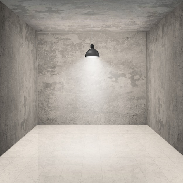 Leerer Betonraum mit einer hängenden Deckenlampe.
