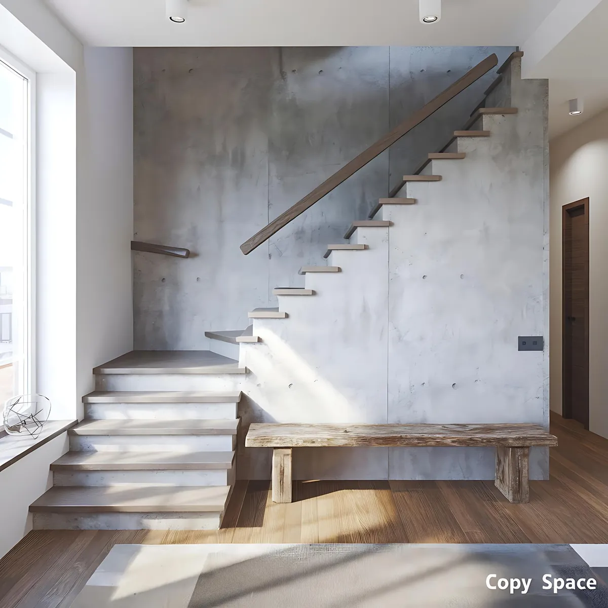 Moderne Betontreppe mit Holzgeländer und rustikaler Bank.