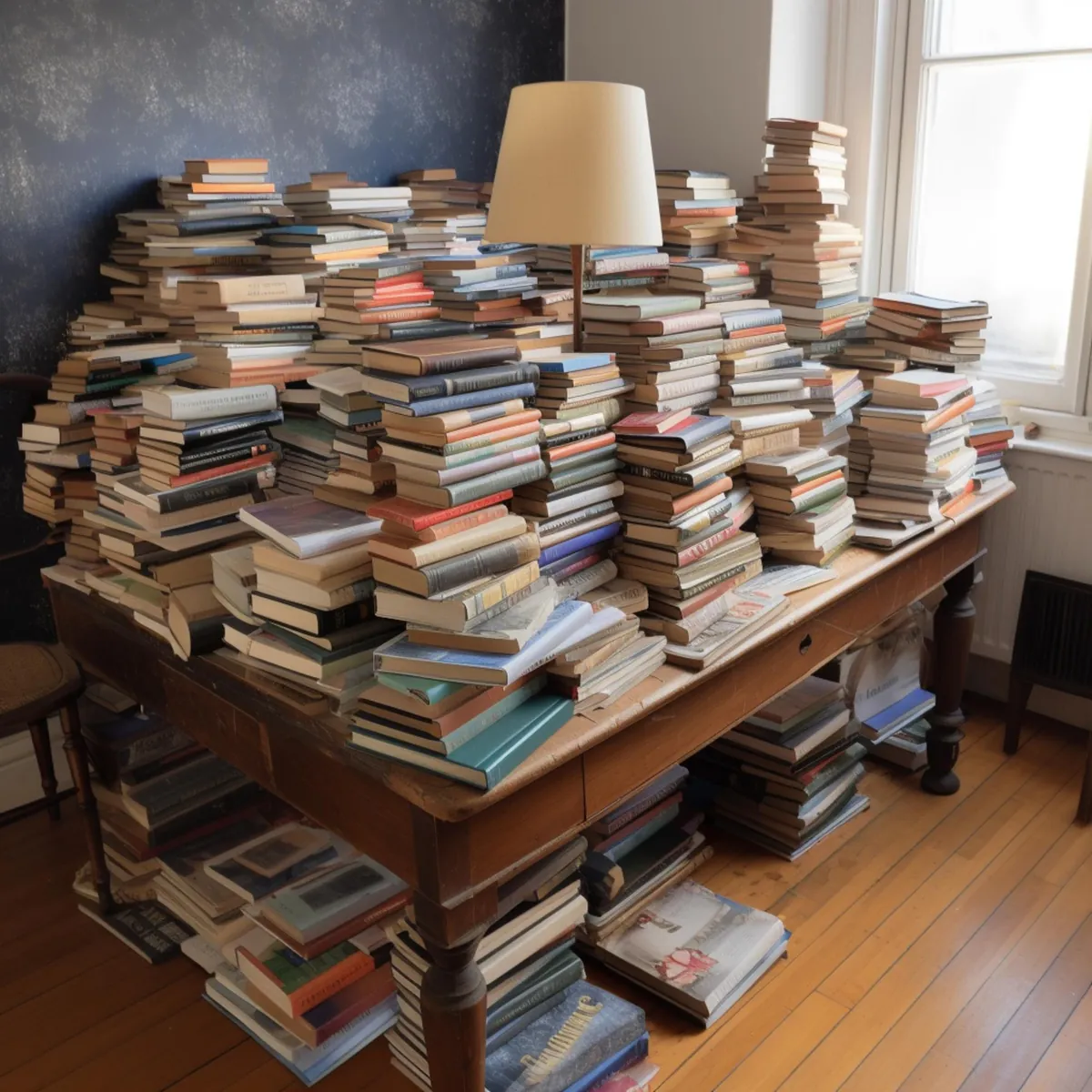 Schreibtisch mit zahlreichen gestapelten Büchern und Tischlampe.