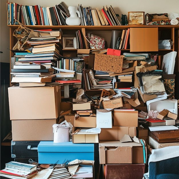 Überfülltes Bücherregal mit Kartons und Bücherstapeln.