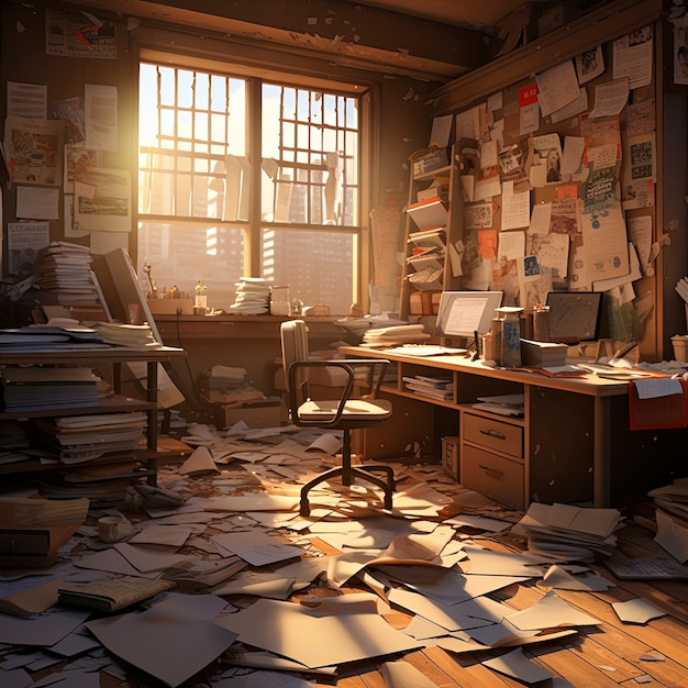 Chaotisches Büro mit Papierstapeln im Sonnenlicht.