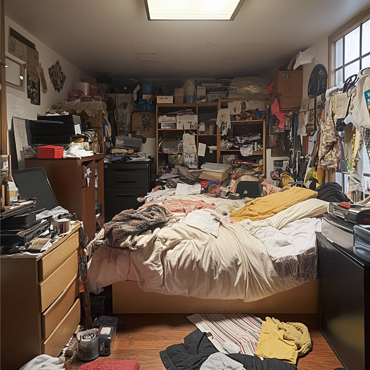 cluttered attic storage room
