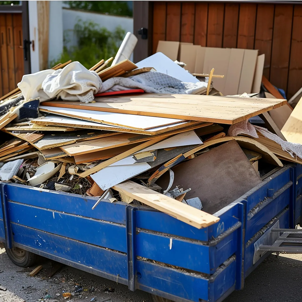 Blauer Container gefüllt mit Bauschutt und Holzresten.