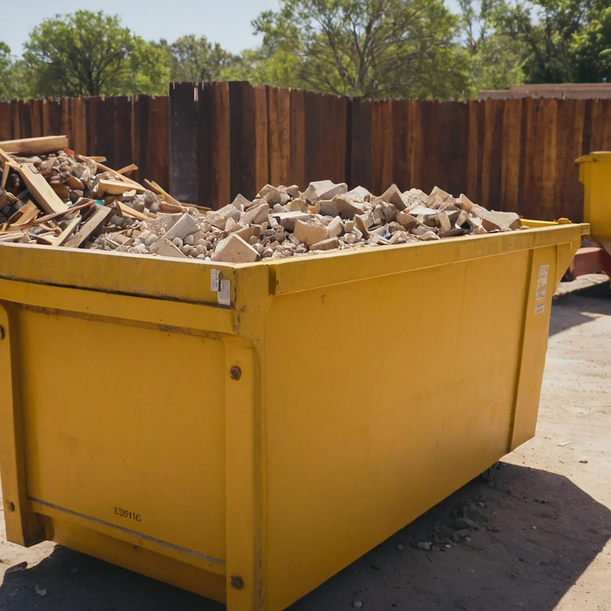 Gelber Containerkorb gefüllt mit Bauschutt und Holzresten.