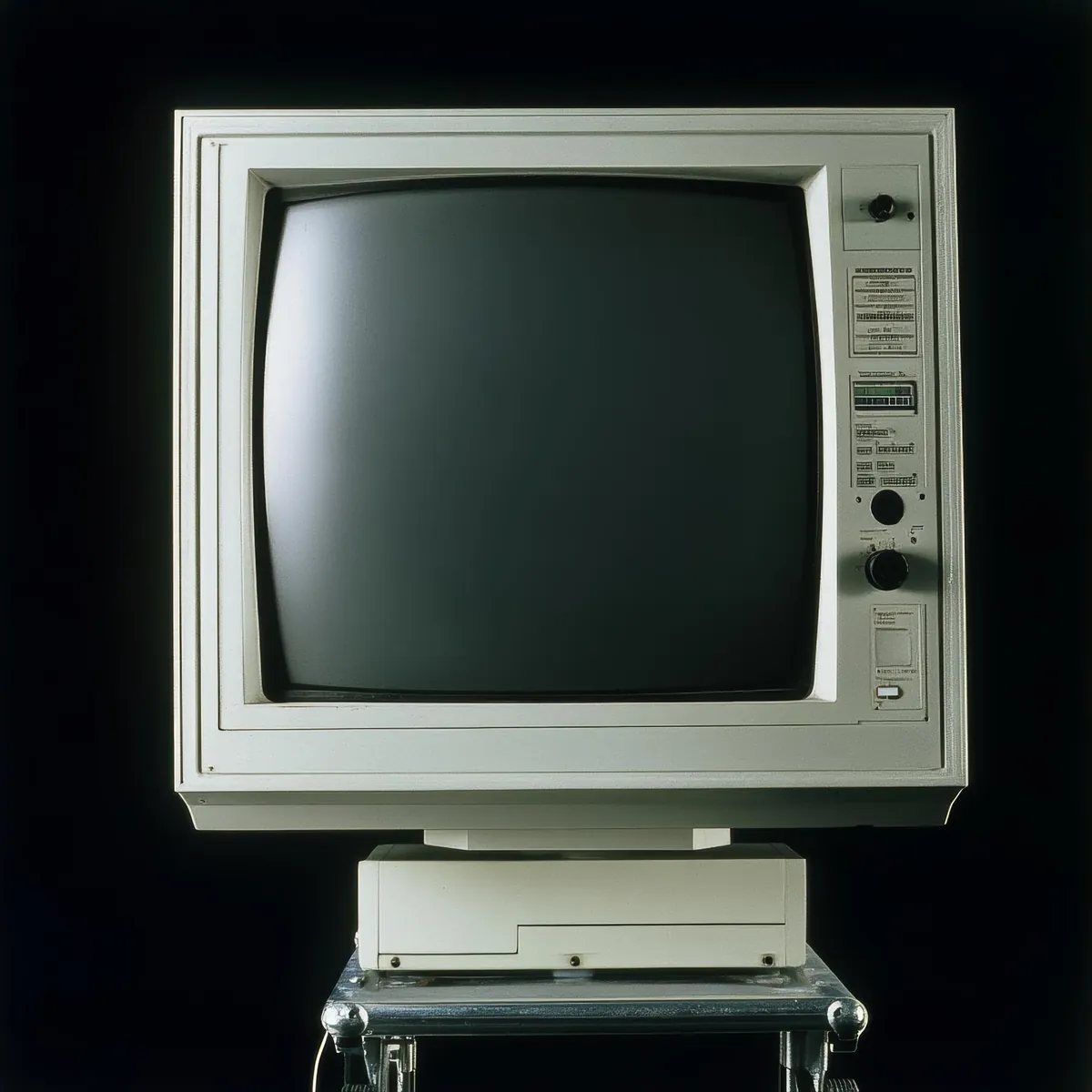 Vintage CRT-Monitor auf einem Computergehäuse, schwarzer Hintergrund.