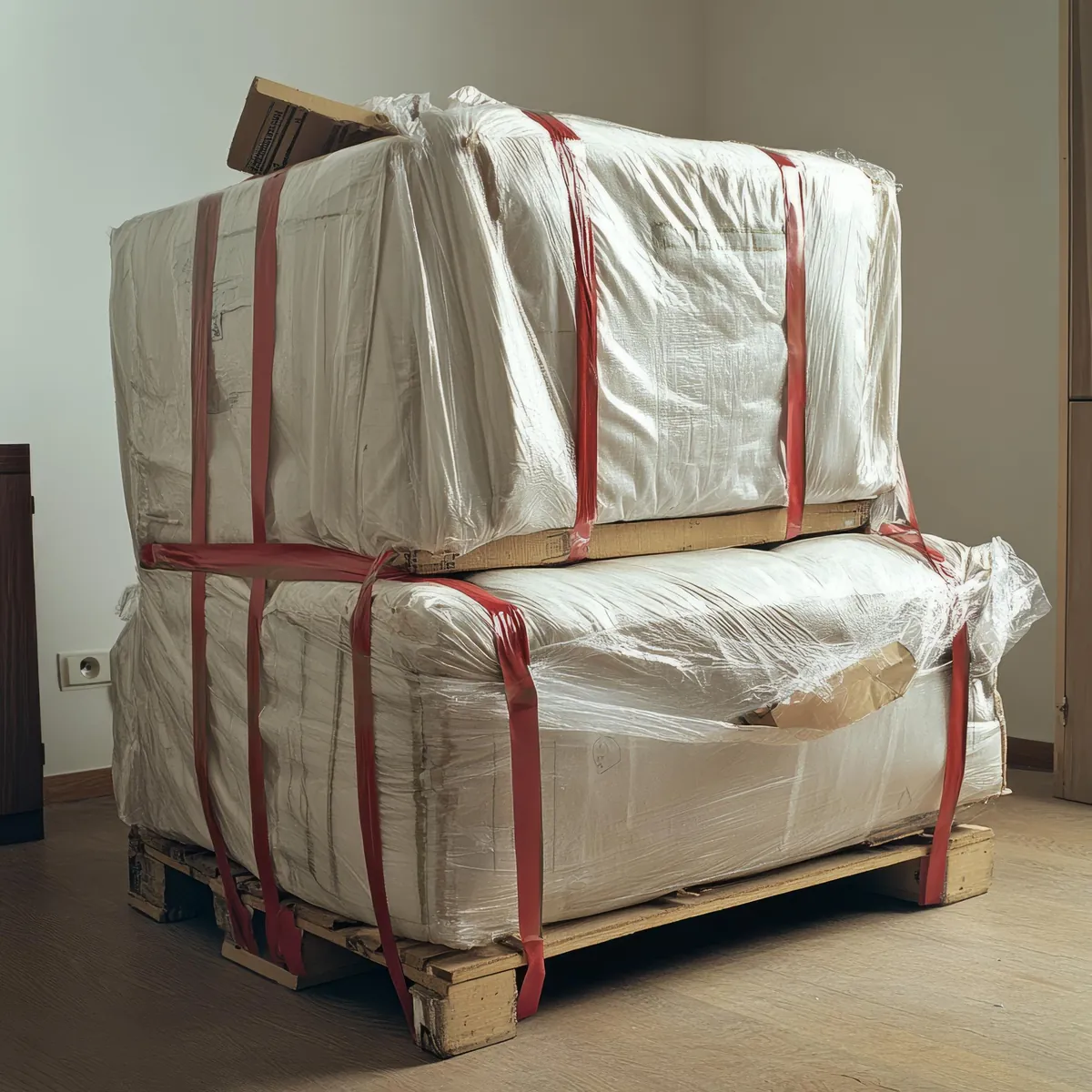 Möbelstücke in Folie verpackt auf Holzpalette gesichert.