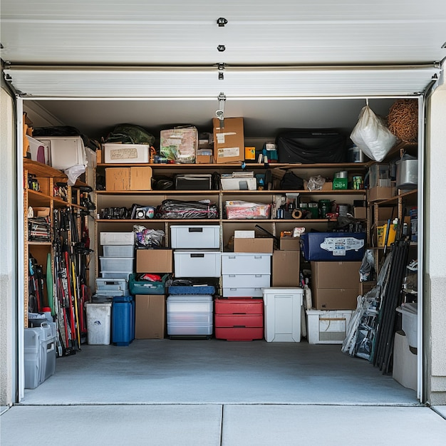 Vollgepackte Garage mit Regalen, Kisten und Werkzeug.