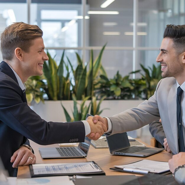 Zwei Geschäftsmänner geben sich im Büro die Hand.