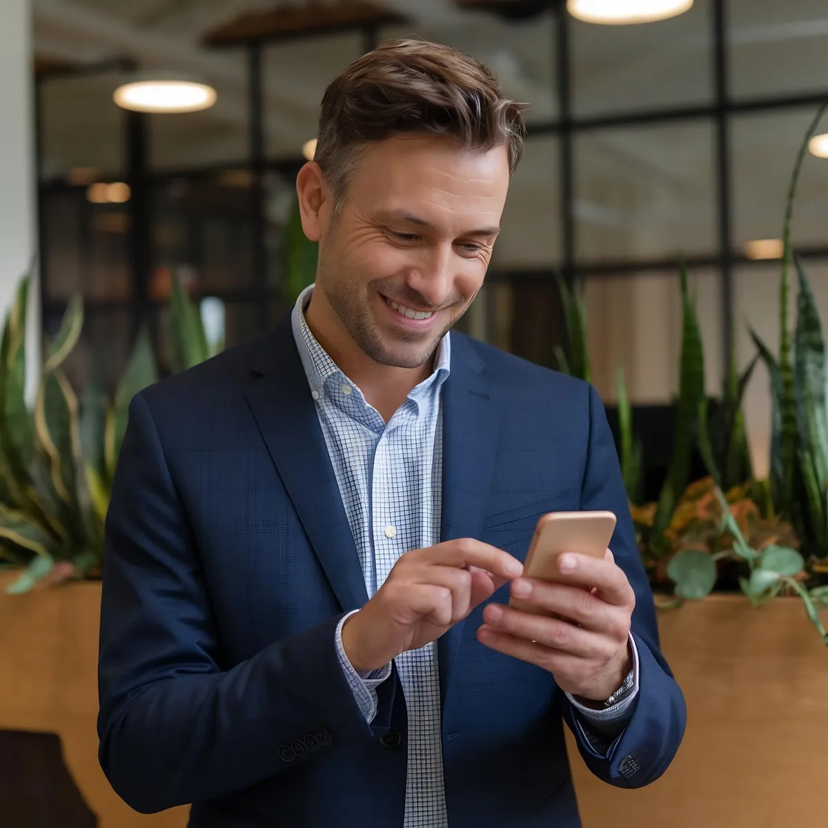 Lächelnder Geschäftsmann im Anzug tippt auf seinem Smartphone.