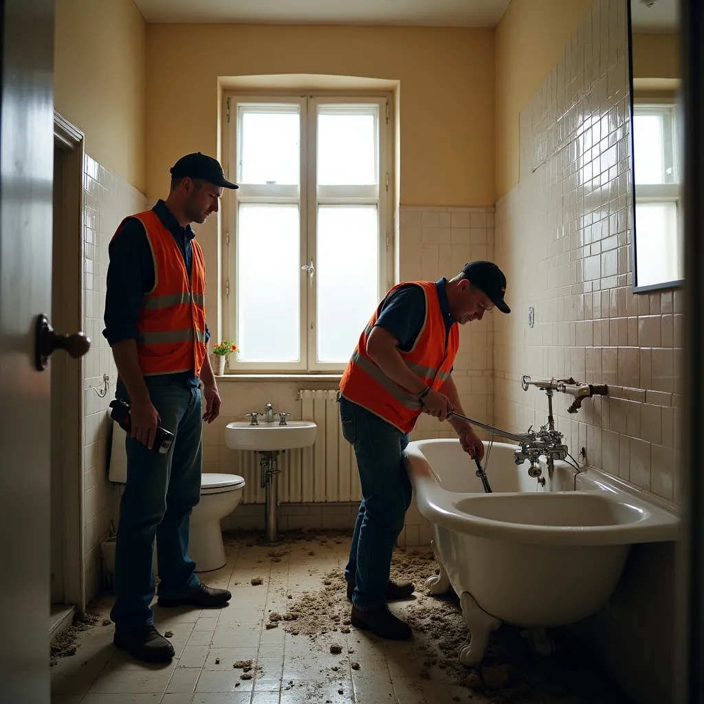 Zwei Handwerker renovieren ein altes Badezimmer mit Badewanne.
