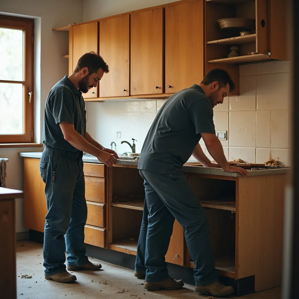 Zwei Handwerker renovieren eine alte Küche gemeinsam.