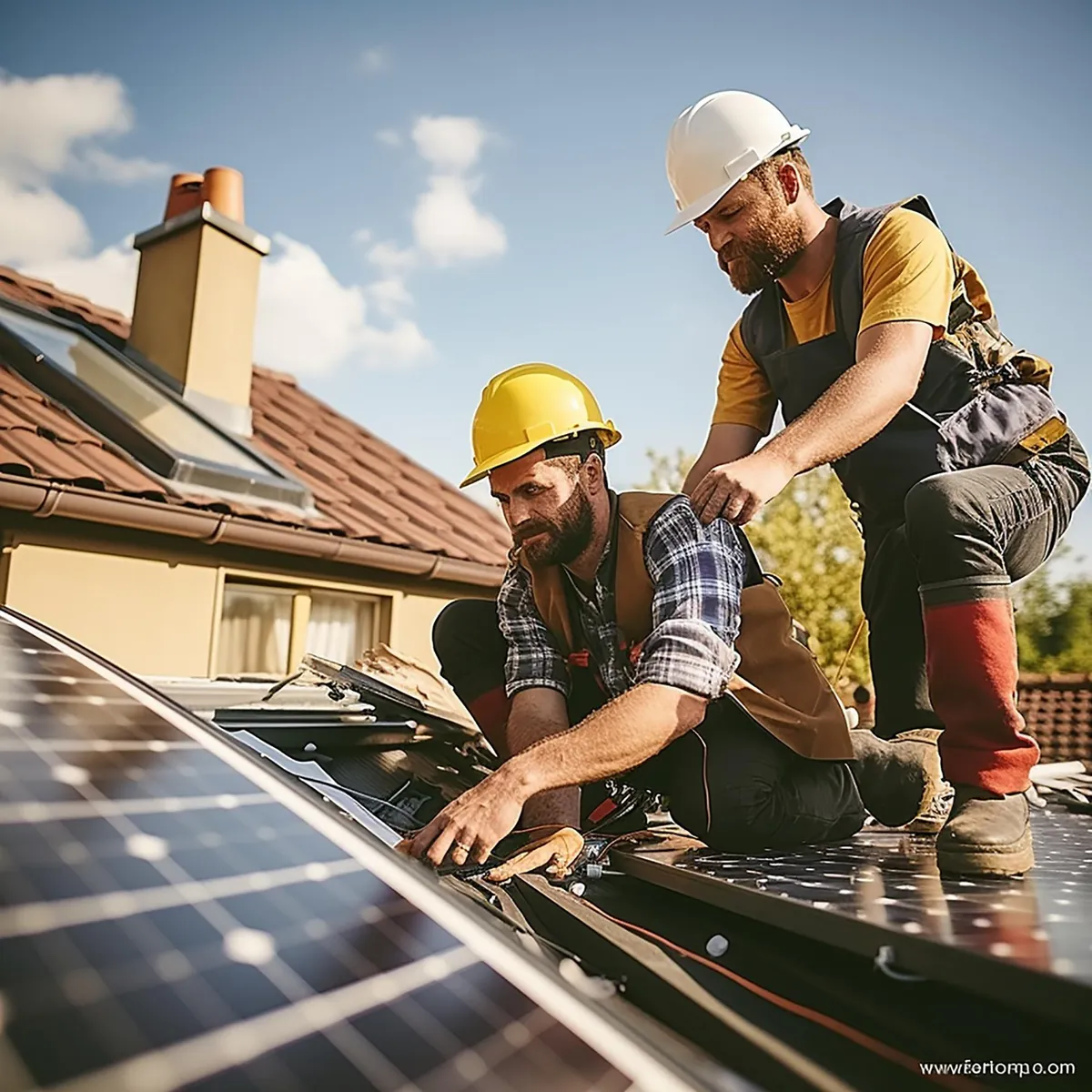 Zwei Handwerker installieren Solarpanele auf einem Hausdach.