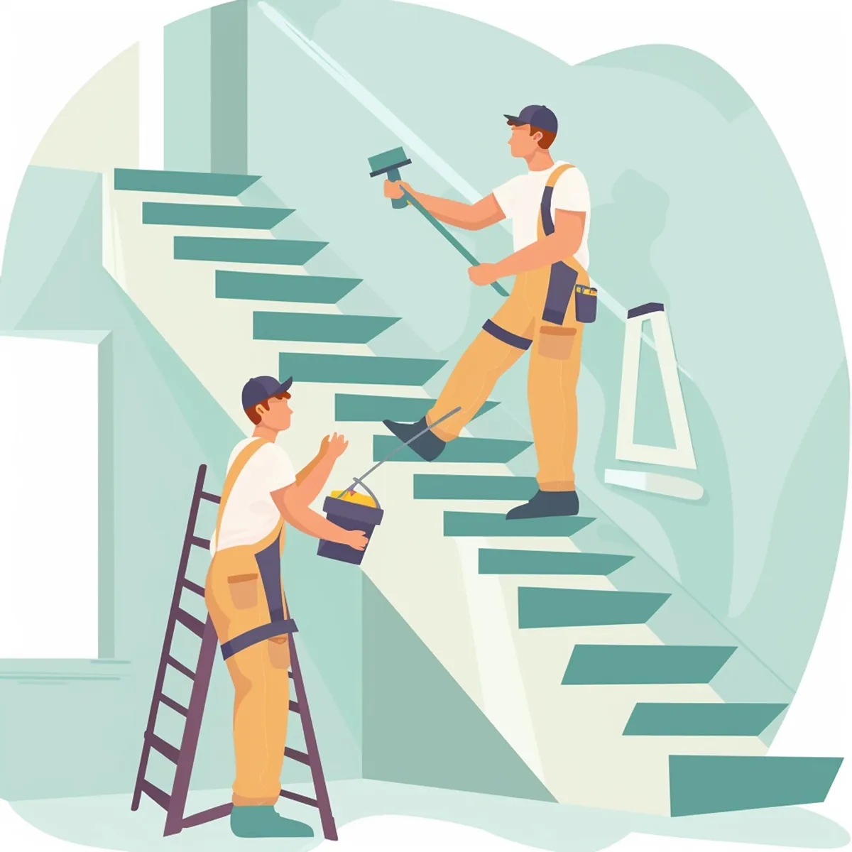 Zwei Handwerker renovieren eine Treppe mit Farbe und Werkzeug.