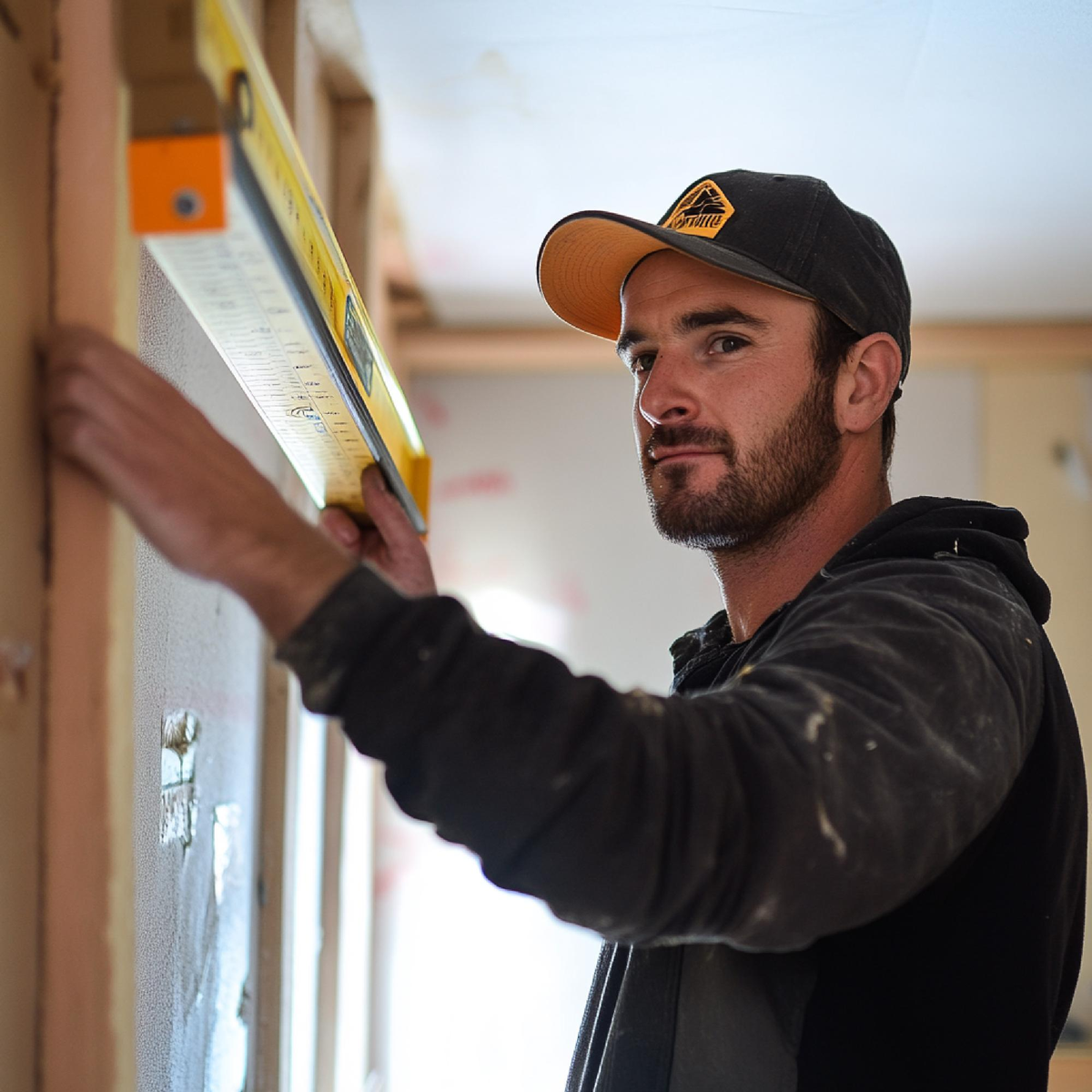 Ein Handwerker prüft eine Wand mit einer Wasserwaage.