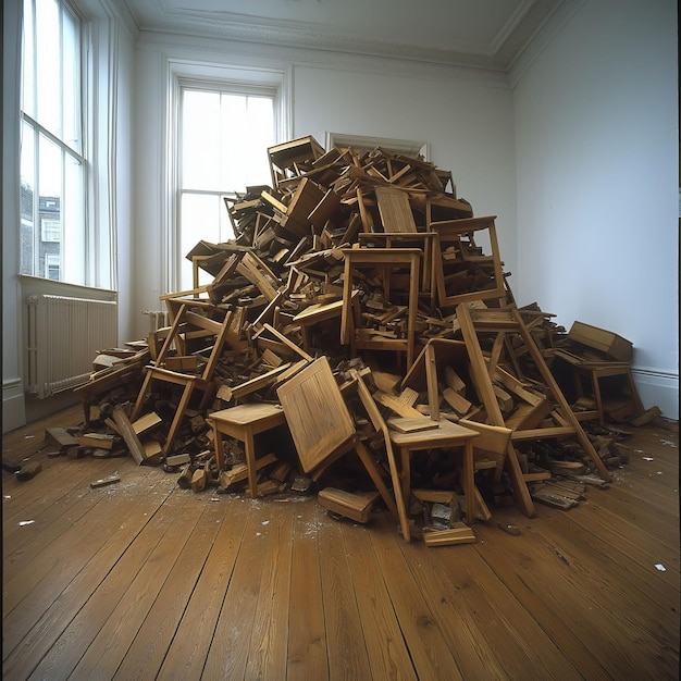 Großer Haufen zerbrochener Holzmöbel in leerem Raum.