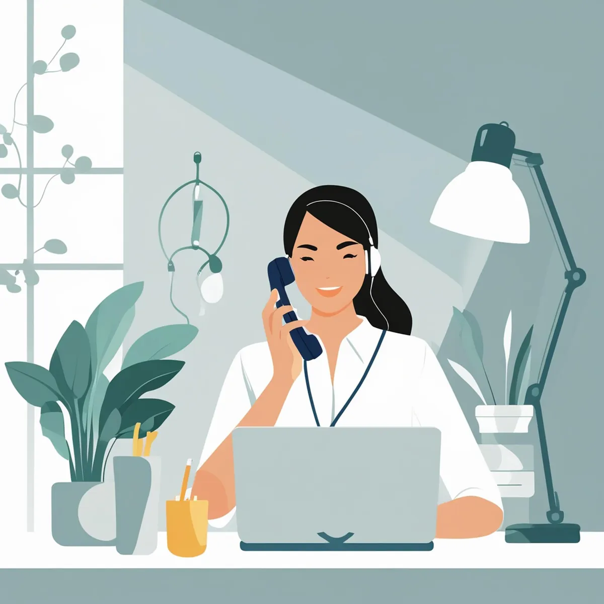 Frau mit Headset telefoniert lächelnd am Laptop im Büro.