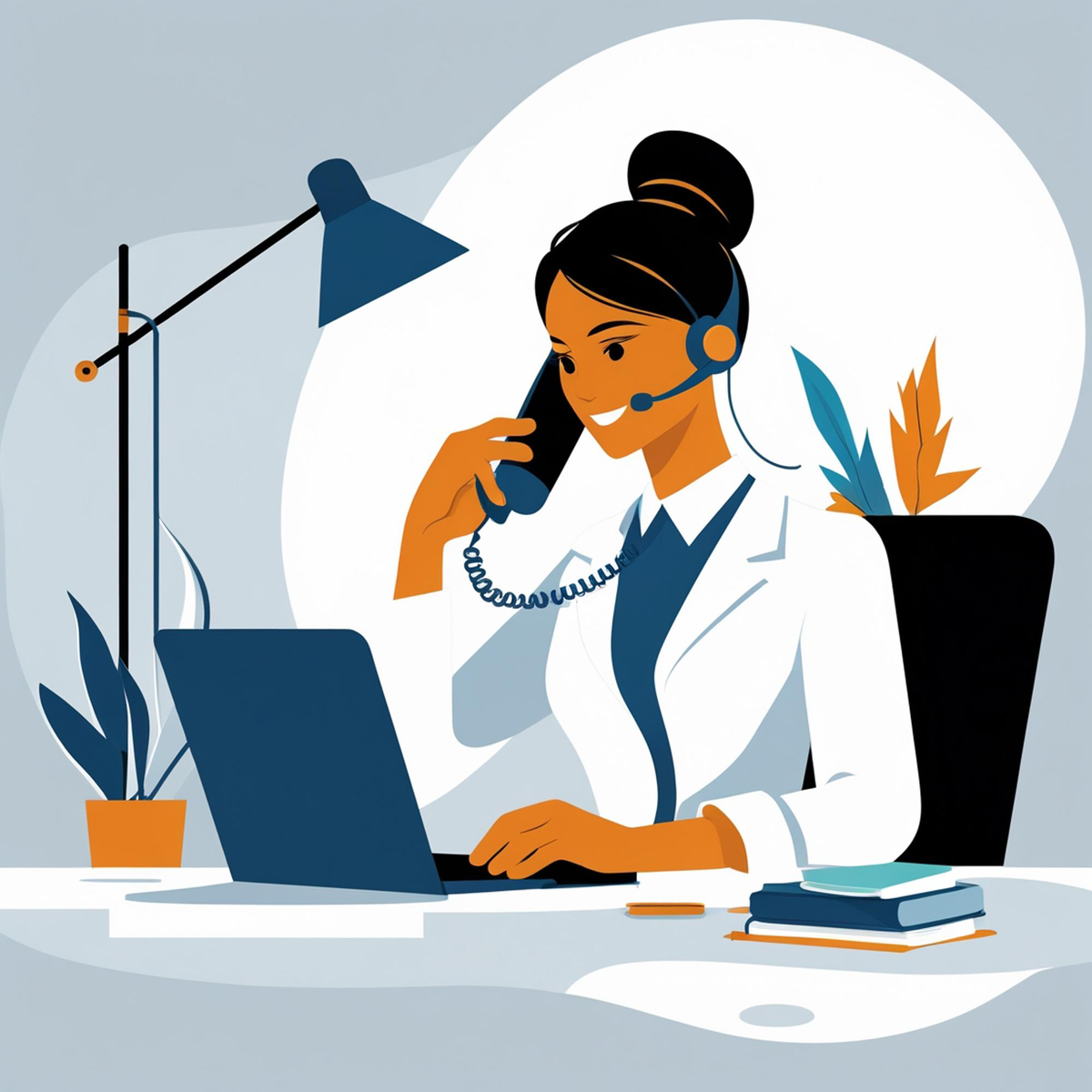 Frau mit Headset telefoniert und arbeitet am Laptop.