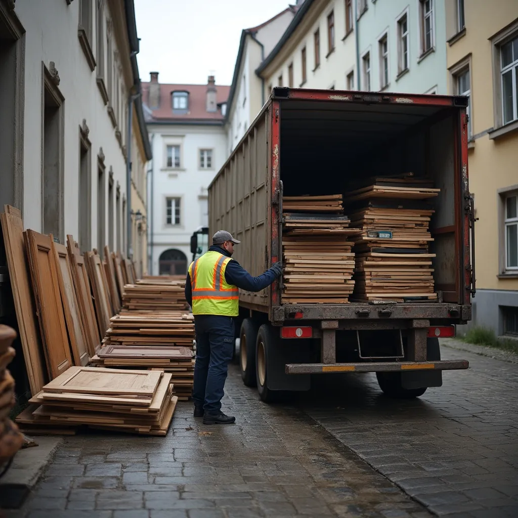 Arbeiter lädt Holzplatten in einen LKW auf Kopfsteinpflaster.