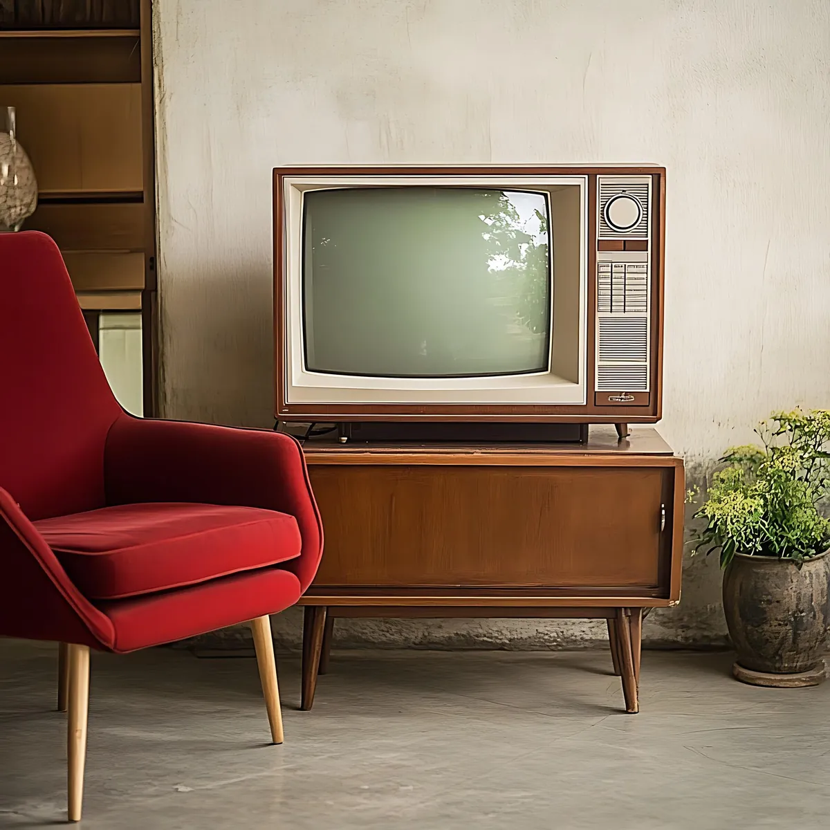 Vintage-Fernseher auf Holzschrank neben rotem Sessel.