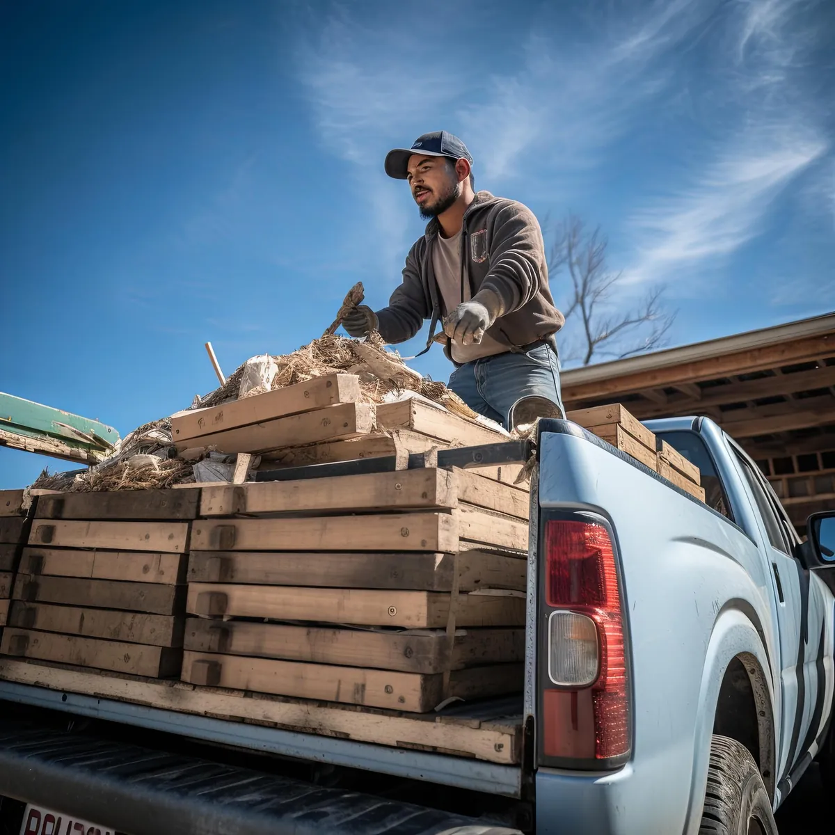 Mann lädt Holzschutt auf Pickup-Truck unter blauem Himmel.