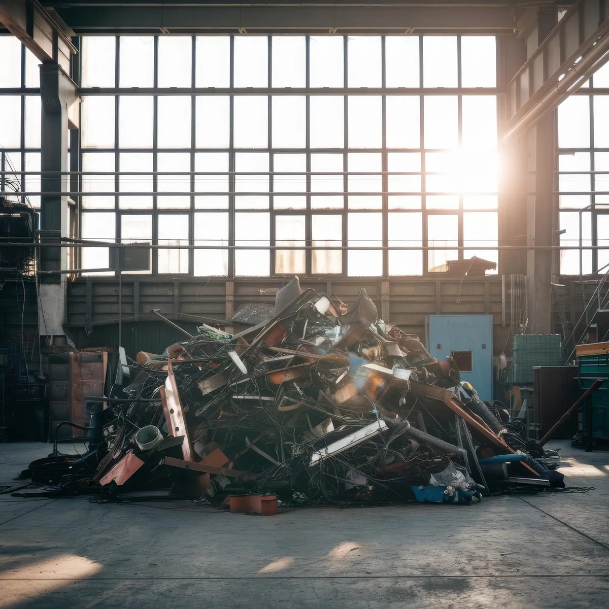 Schrotthaufen in einer verlassenen Industriehalle mit Gegenlicht.