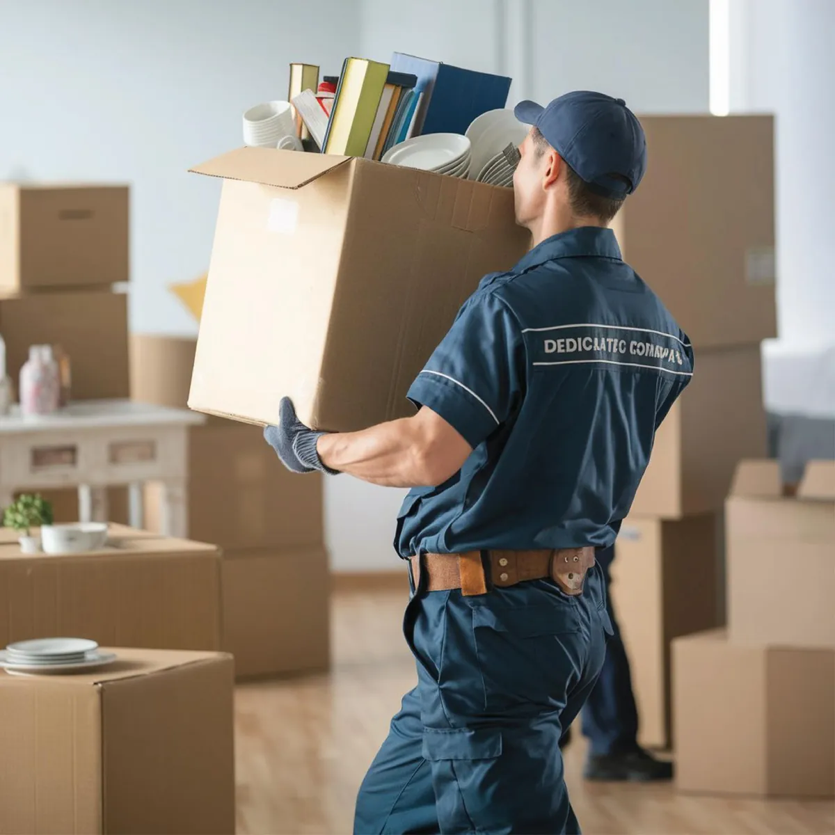 Umzugshelfer trägt gefüllten Karton in einer Wohnung.