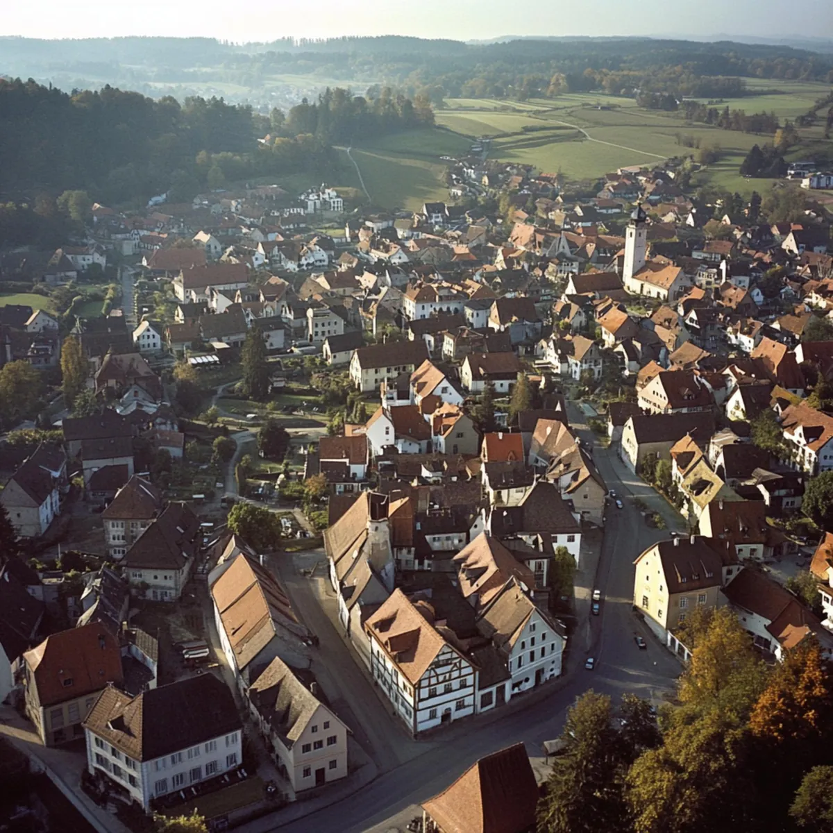 Luftaufnahme einer historischen deutschen Kleinstadt mit Fachwerkhäusern.