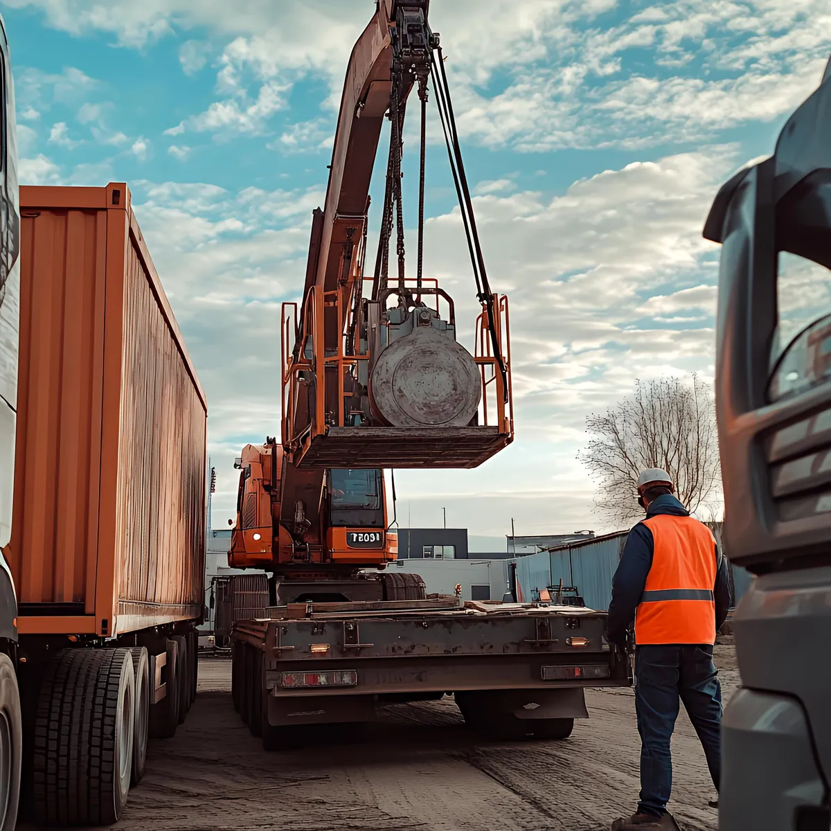 Bauarbeiter beobachtet Kran beim Verladen auf LKW-Ladefläche.