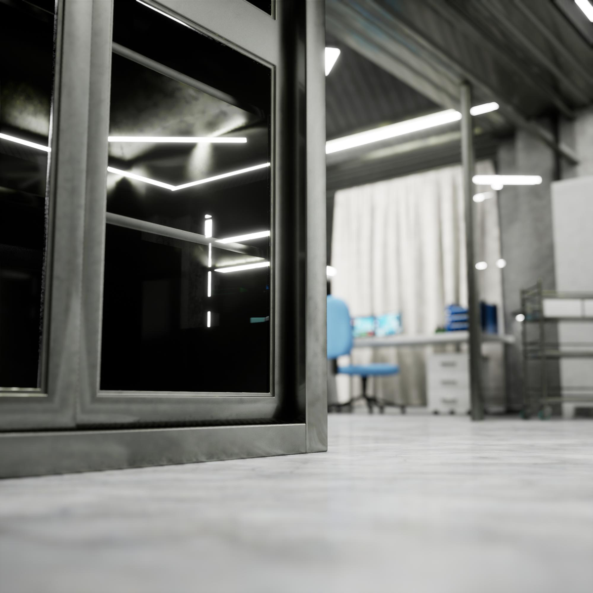 Modernes Labor mit Glasschrank, Schreibtisch und blauem Stuhl.