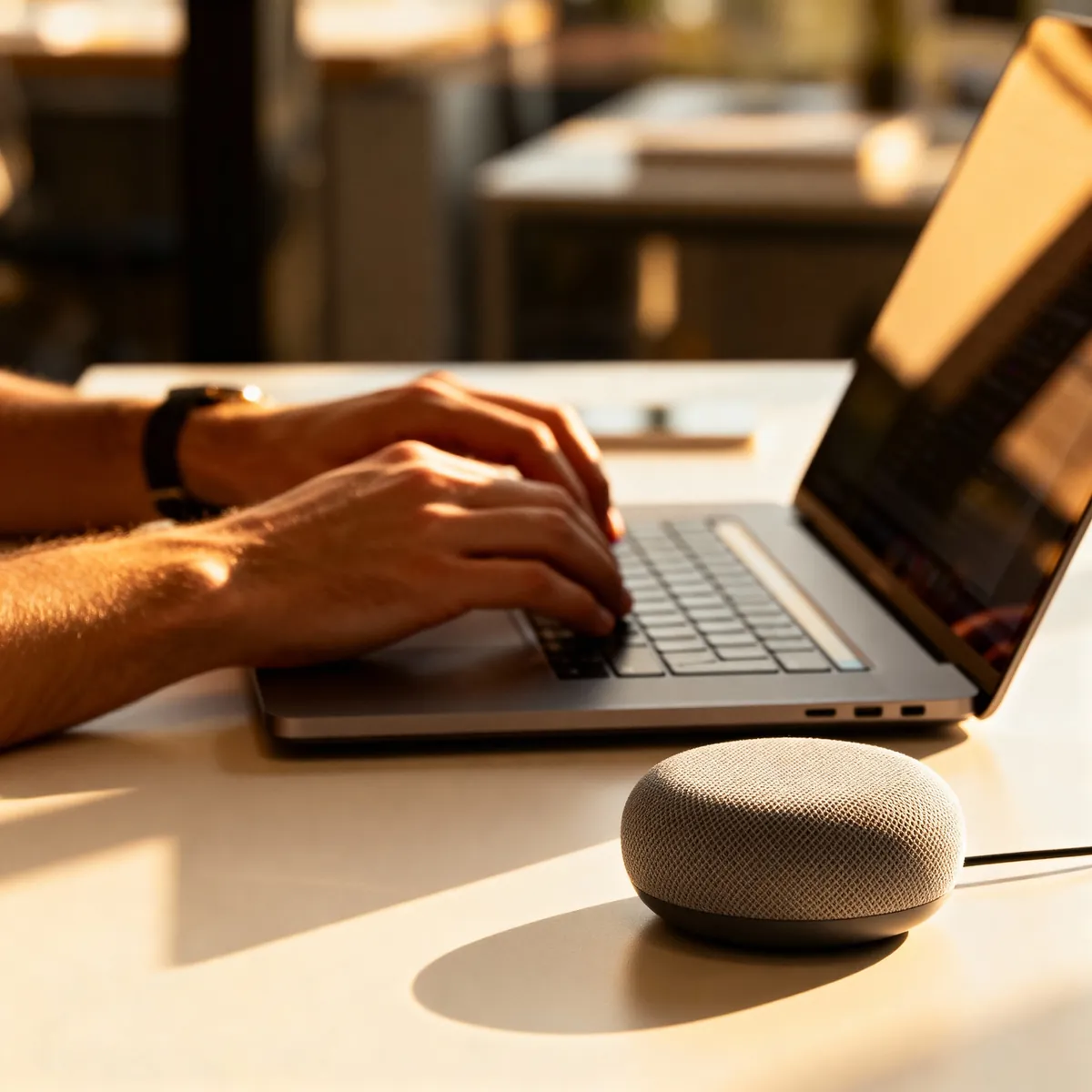 Mann tippt auf Laptop neben Google Home Mini-Lautsprecher.
