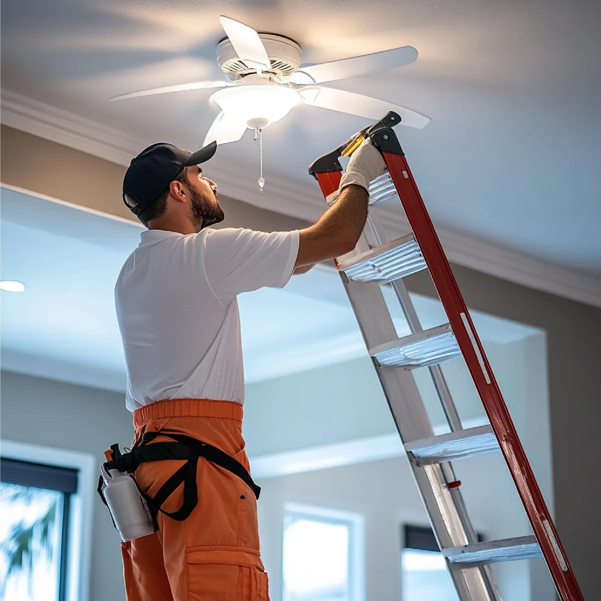 Elektriker auf Leiter installiert Deckenventilator mit Licht.