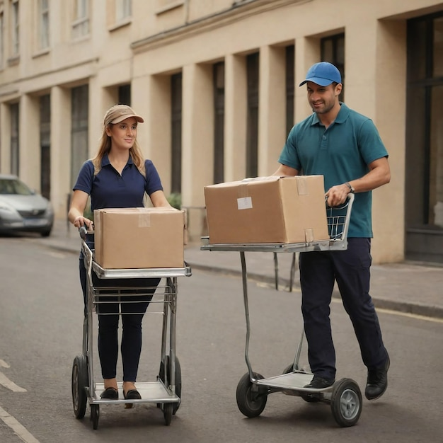 Zwei Lieferboten transportieren Pakete auf Handwagen straße.