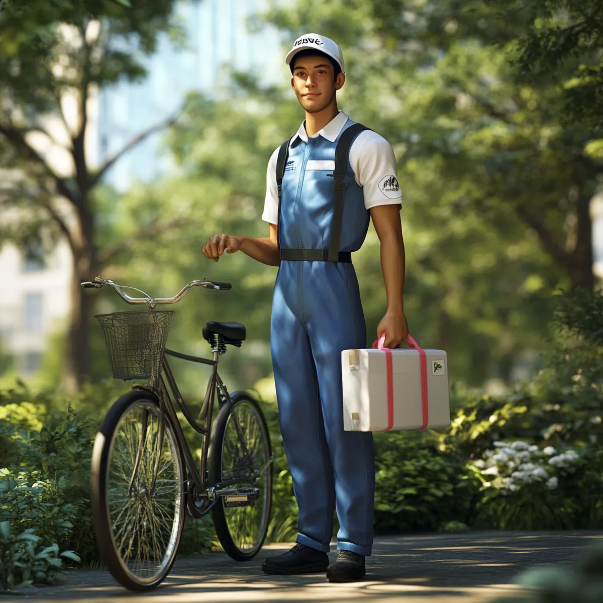 Junger Liefermann mit Fahrrad und Koffer im Park.
