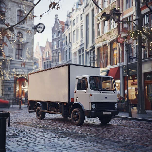 Weißer Lieferwagen auf gepflasterter Straße in europäischer Altstadt.