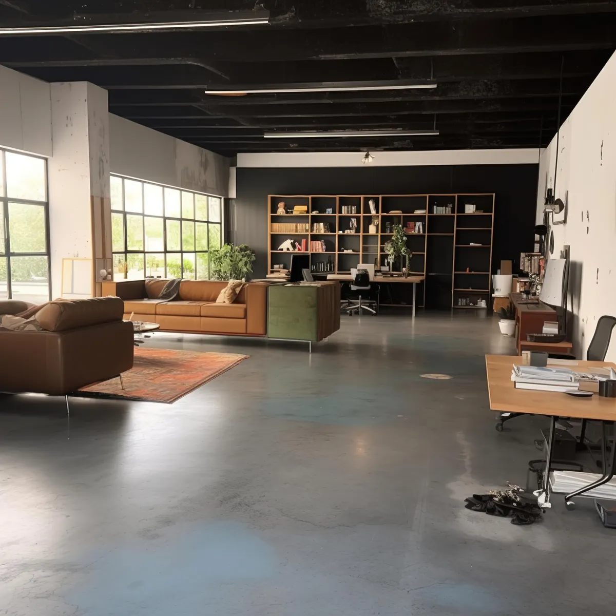 Modernes Loft-Büro mit Ledersofas und Bücherregalen.