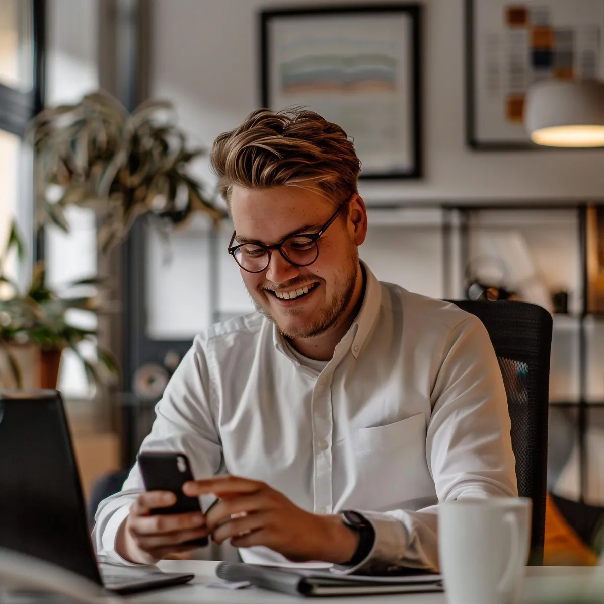 Lächelnder Mann mit Brille schaut auf sein Smartphone.