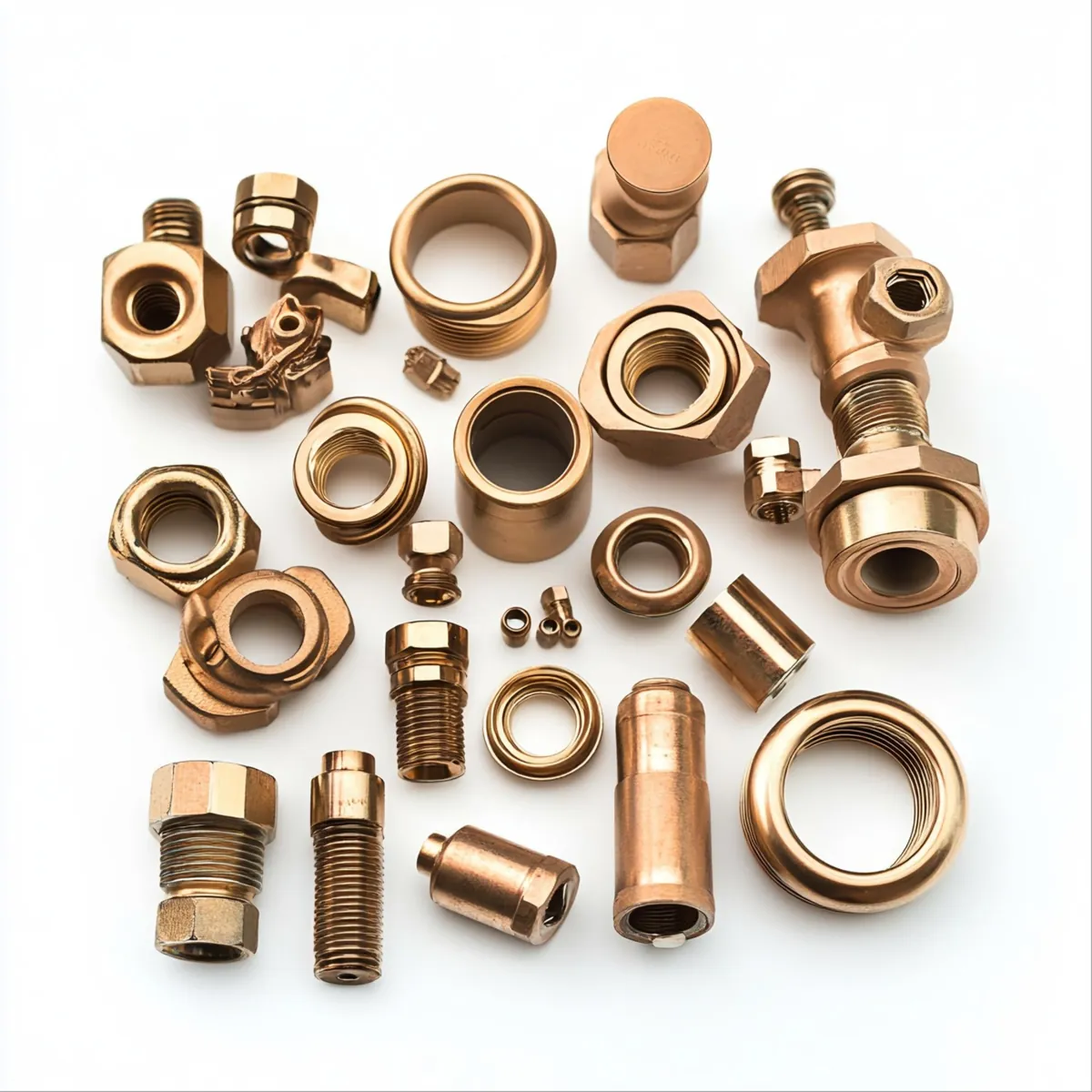Verschiedene Messing-Schrauben, Muttern und Rohrfittings auf weißem Hintergrund.