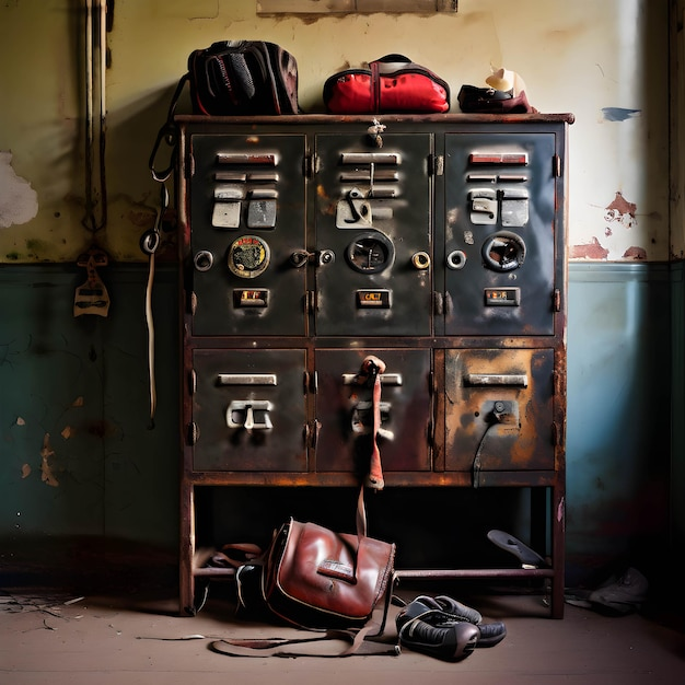 Verrostete alte Metallspinde mit Taschen und Schuhen.