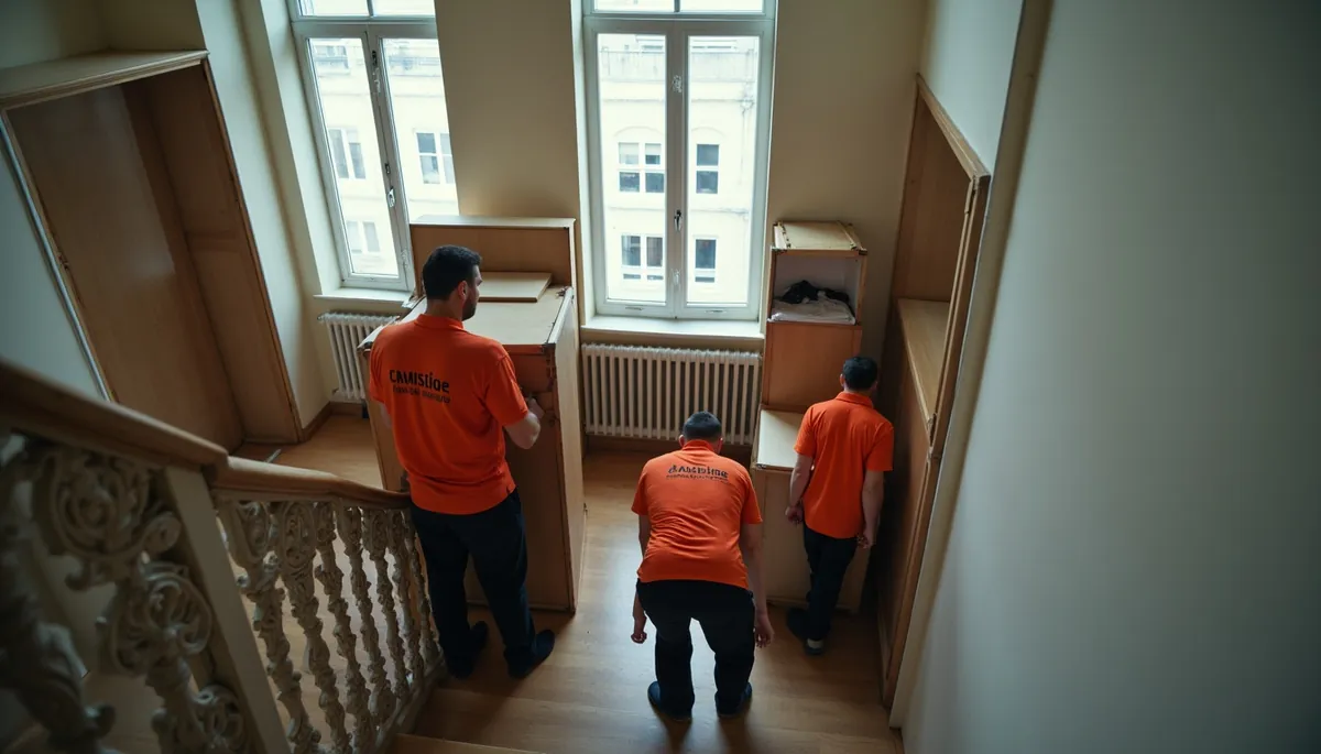 Drei Möbelpacker in orangenen Shirts tragen Schrank die Treppe hoch.