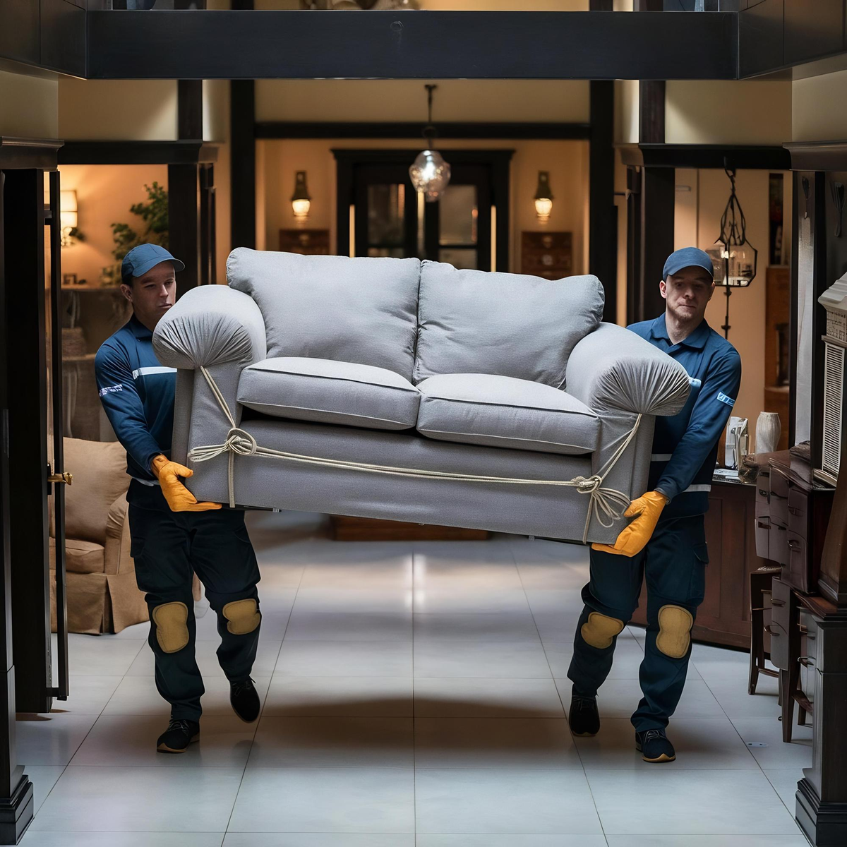 Zwei Möbelpacker tragen gemeinsam ein graues Sofa.