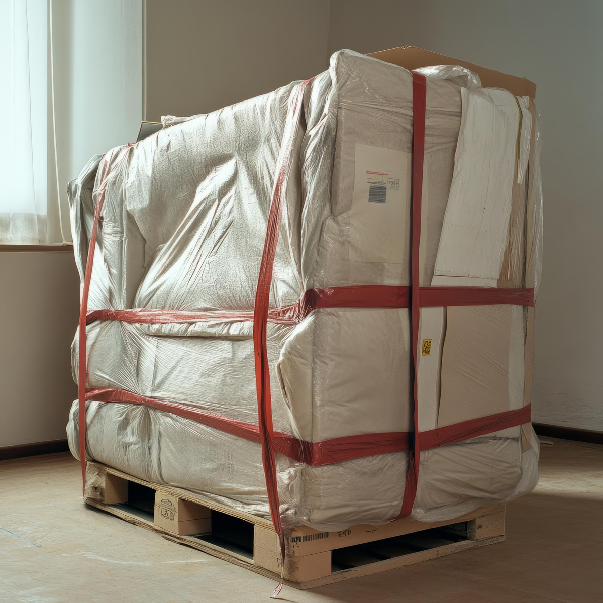 Ein verpacktes Möbelstück auf einer Holzpalette mit roten Gurten.