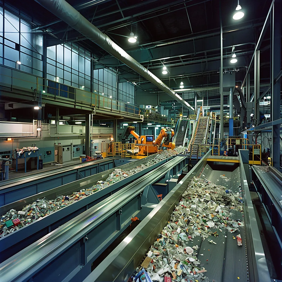 Automatisierte Recyclinganlage mit Förderbändern und Roboterarmen.