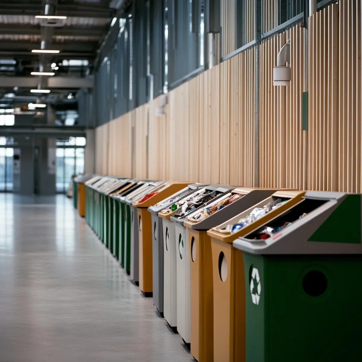 Reihe bunter Recyclingbehälter in einem modernen Gebäudeflur.